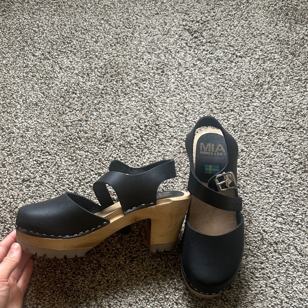 MIA Black Leather Mules with Wooden Heel